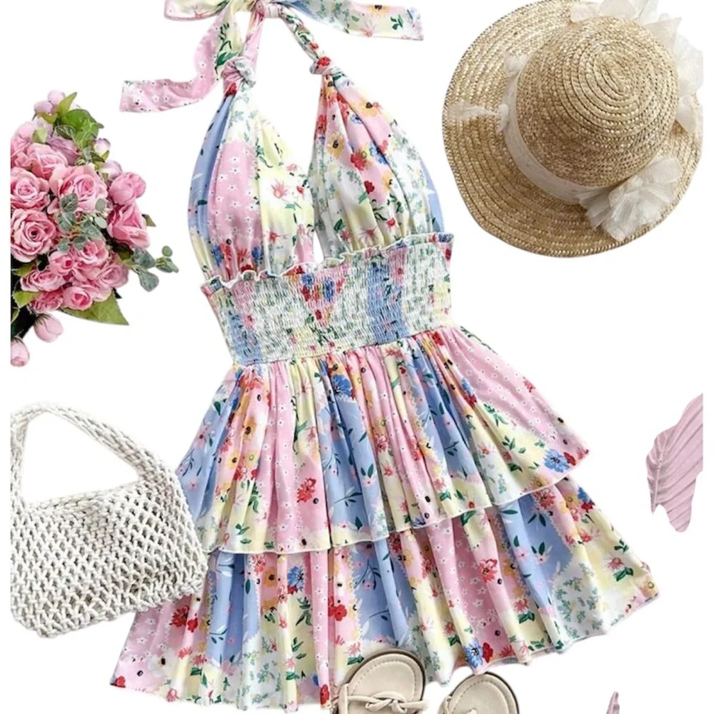 SHEIN multi-color patchwork retro-floral country style sun dress. - Picture 3 of 4